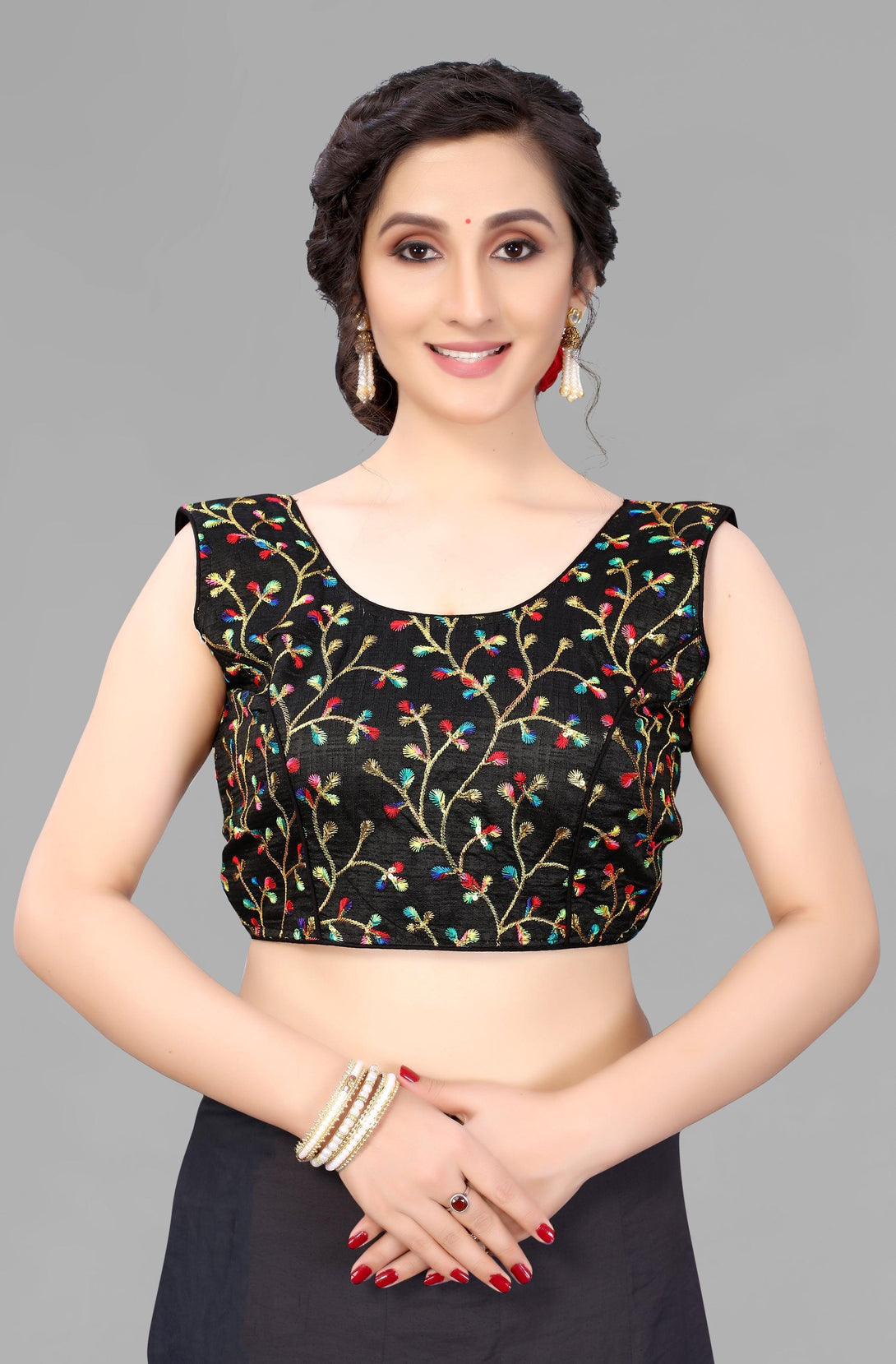 Black Silk-Blend Ready to Wear Padded Blouse - Indiakreations
