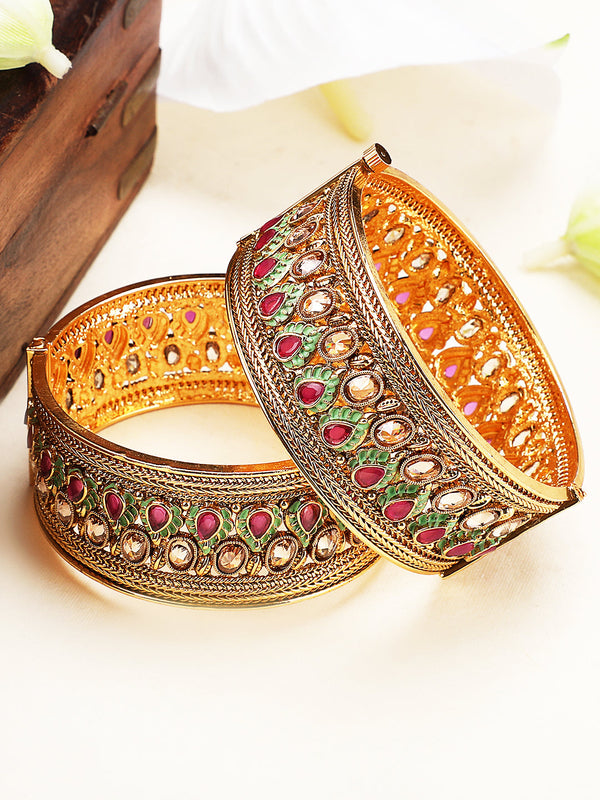 Women's Set Of 2 24 CT Gold-Plated & Red Stone-Studded Enamelled Meenakari Bangles - Anikas Creation