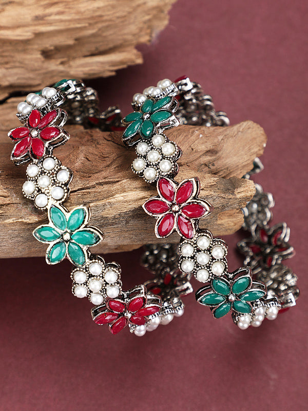 Women's Set Of 2 Oxidised Floral Shaped Silver-Plated Pink and Green Studded Handcrafted Bangles - Anikas Creation