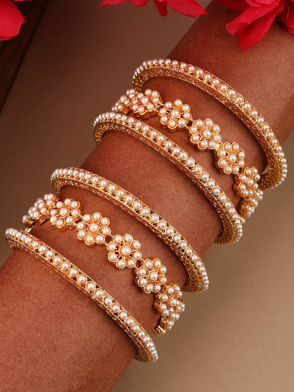 Women's/Girls Ethnic Gold Plated Floral Shaped Pearl Studded Bangle Set Of 4 - Mode Mania