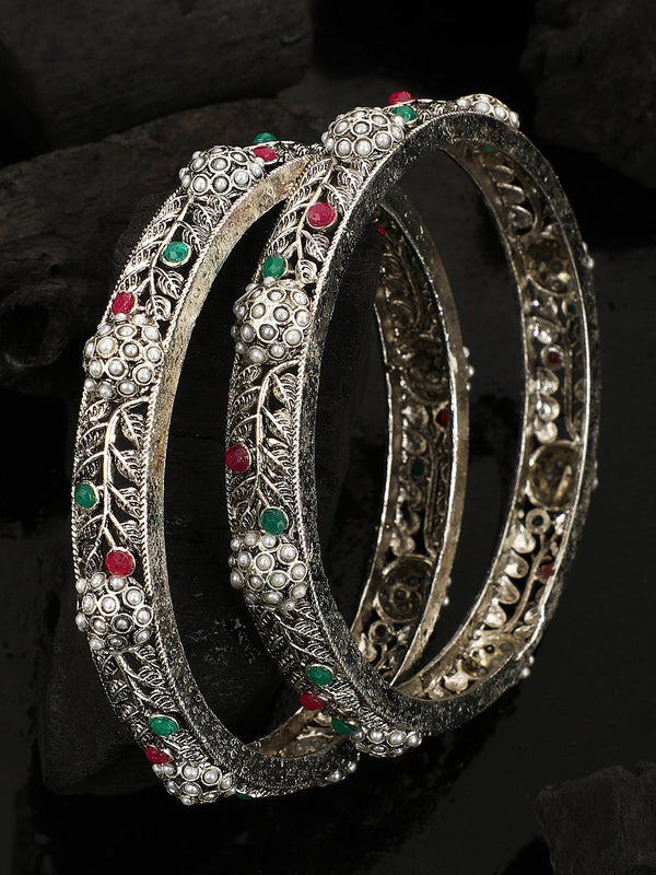 Women's/Girls Ethnic Oxidised Leaf Design Multicolor Sttone Studded Bangle Set Of 2 - Mode Mania