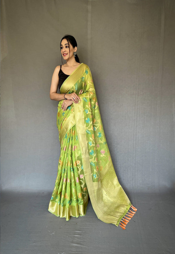 Women's Green Barfi Organza Silk Saree - Tasarika