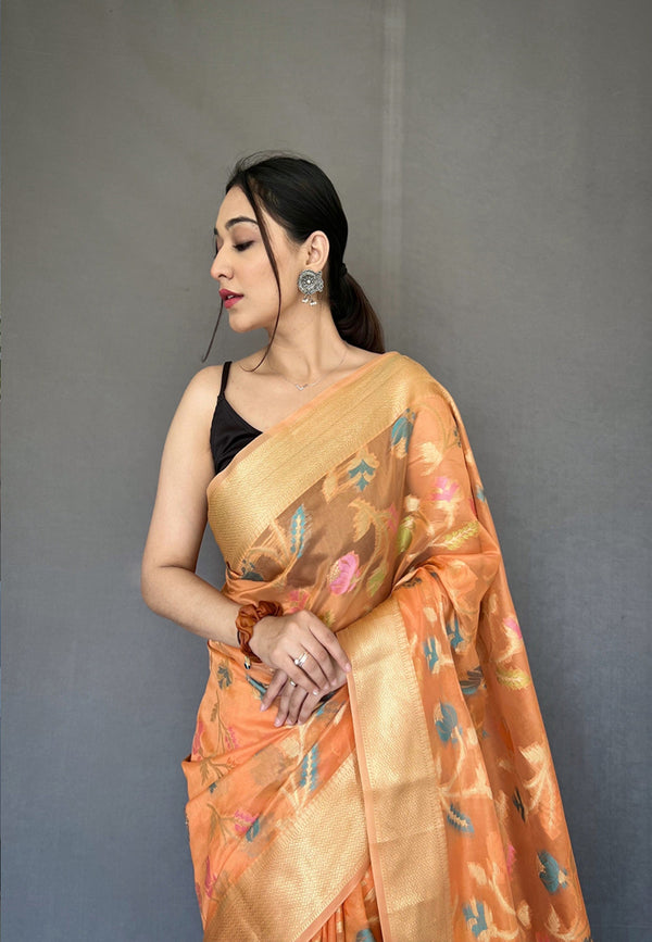 Women's Peach Barfi Organza Silk Saree - Tasarika