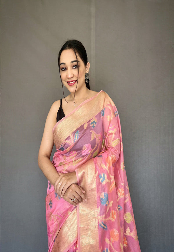 Women's Baby Pink Barfi Organza Silk Saree - Tasarika