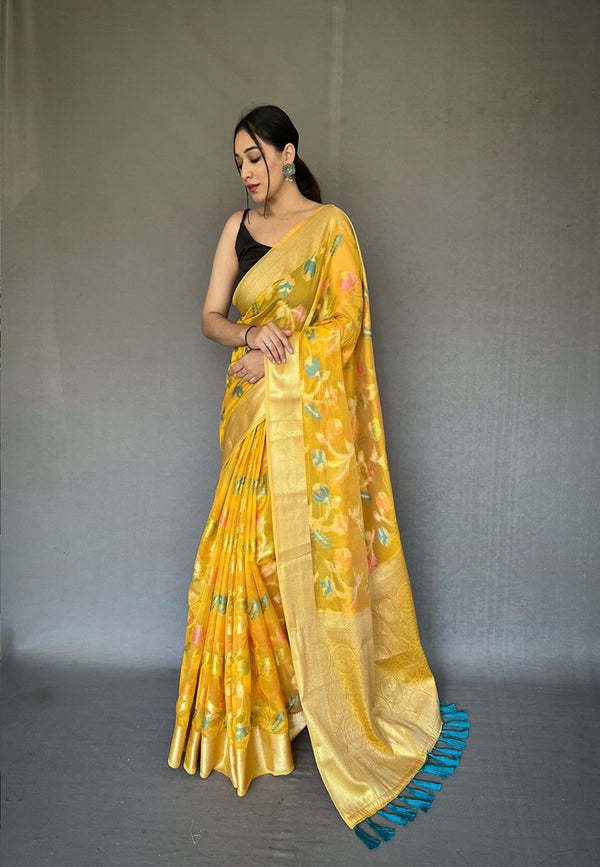 Women's Yellow Barfi Organza Silk Saree - Tasarika