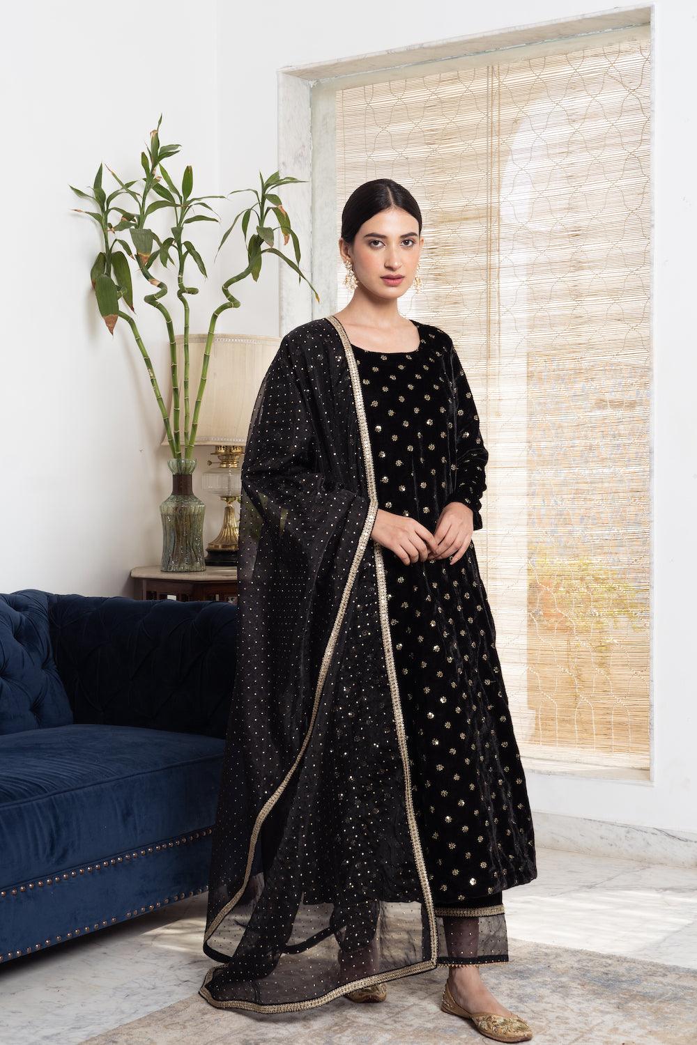 Khwabidah Black Kurta Set of 3 - Indiakreations