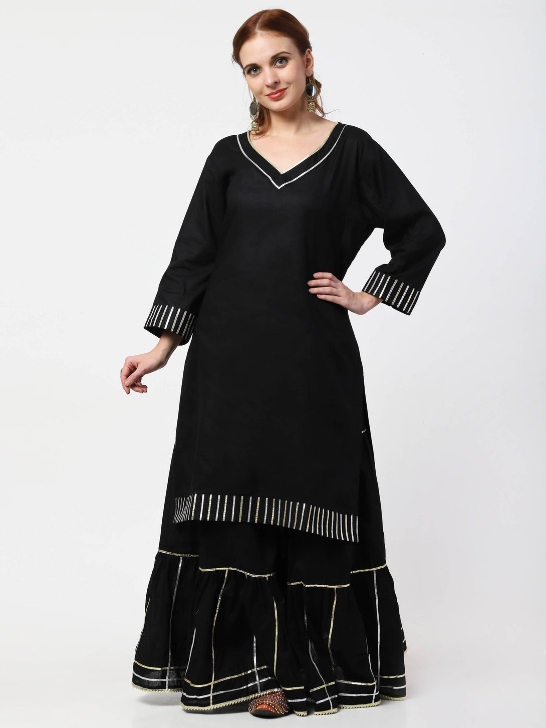 Women's Black & Red Kurta Skirt Dupatta set - Cheera - Indiakreations