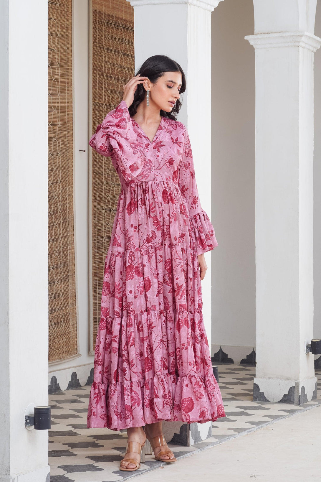 Pink floral frill Maxi - Indiakreations