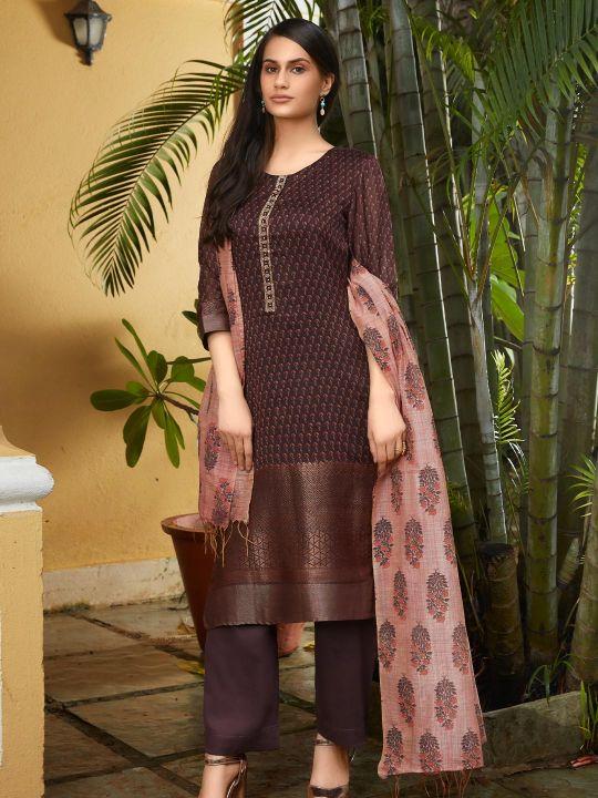 Brown Soft Silk Jacquard Print Semi Stitched Salwar Kameez With Dupatta