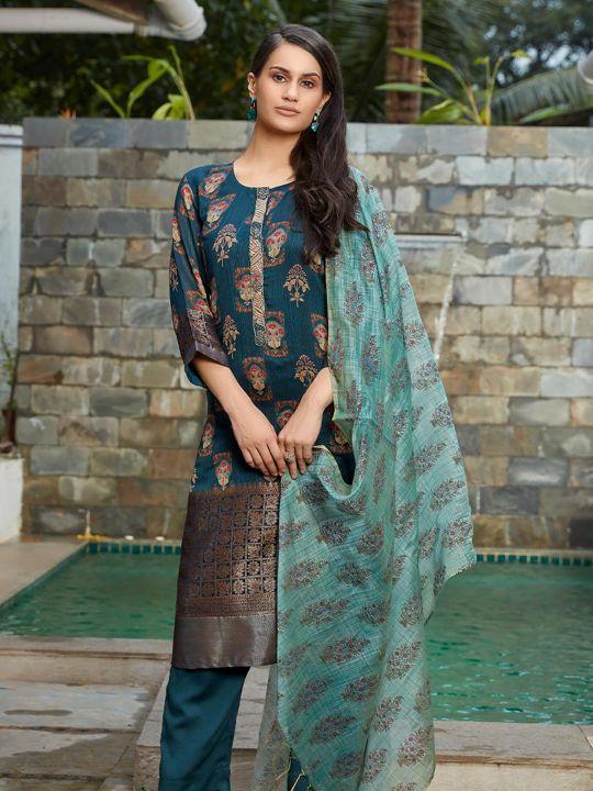 Prussian Blue Royal Silk Printed Semi Stitched Salwar Kameez With Chanderi Dupatta