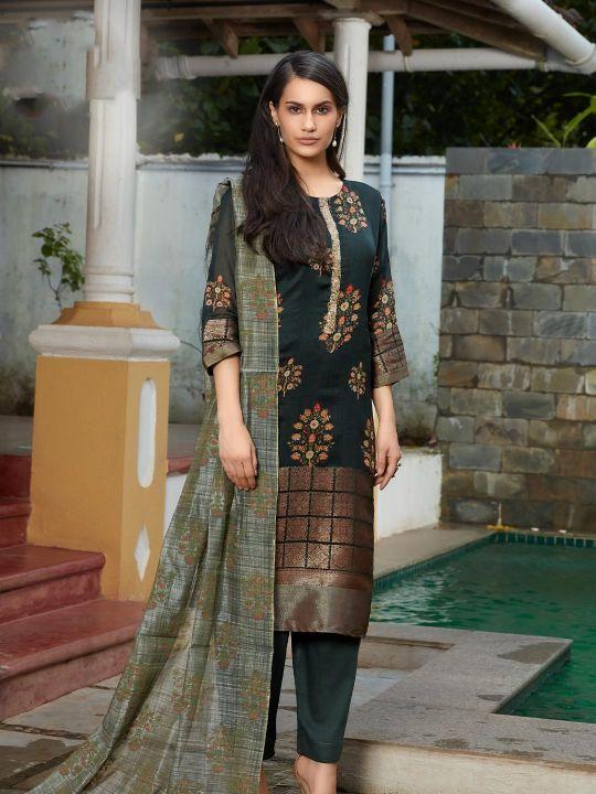 Dark Green Silk Semi Stitched Salwar Kameez With Dupatta For Women