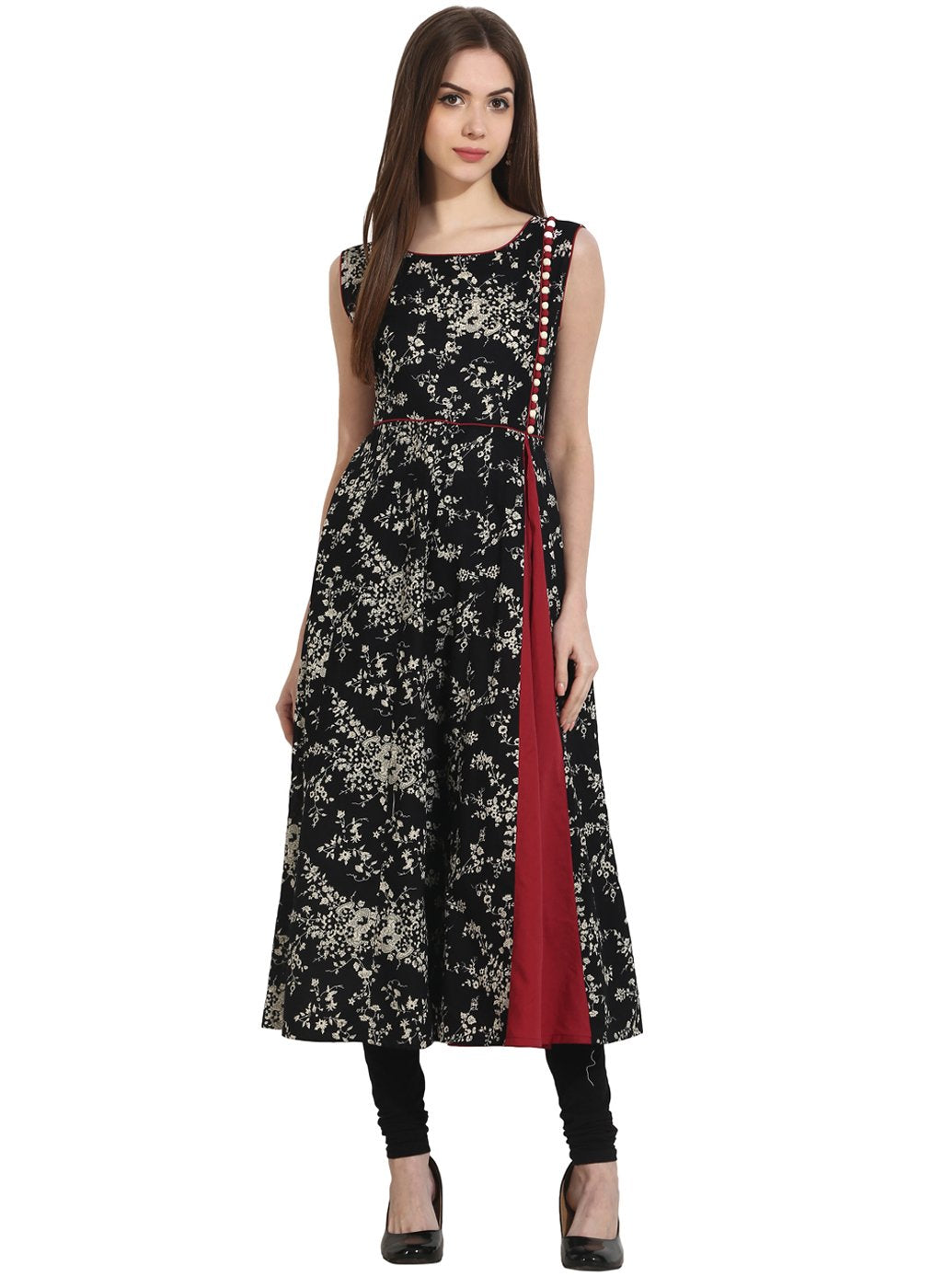 Black printed sleevless cotton A-Line Kurta | NOZ2TOZ - Made In INDIA.