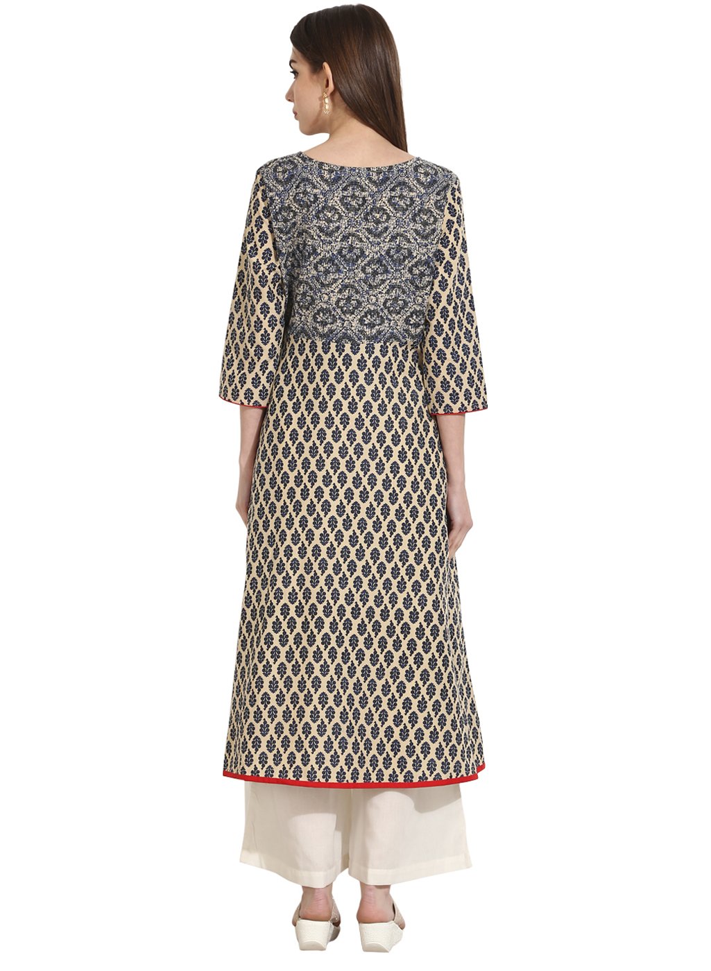 Beige Color 3/4th sleeve cotton A-Line kurta | NOZ2TOZ - Made In INDIA.