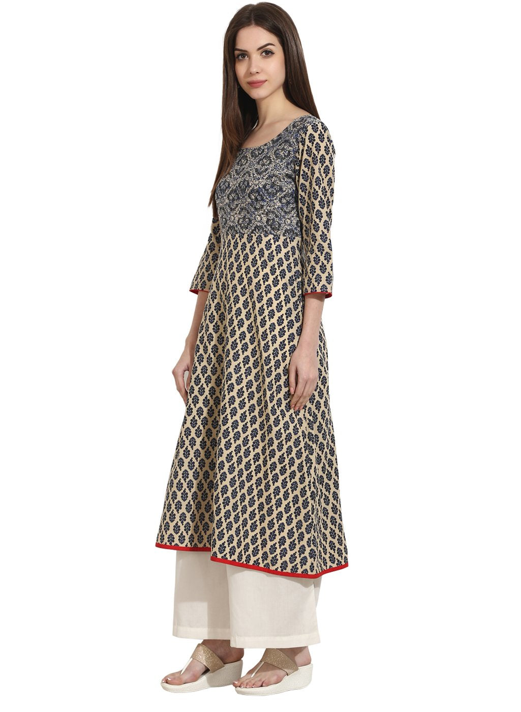 Beige Color 3/4th sleeve cotton A-Line kurta | NOZ2TOZ - Made In INDIA.