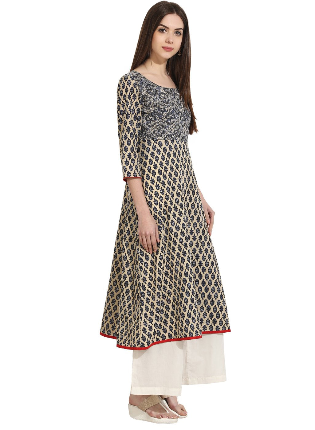 Beige Color 3/4th sleeve cotton A-Line kurta | NOZ2TOZ - Made In INDIA.