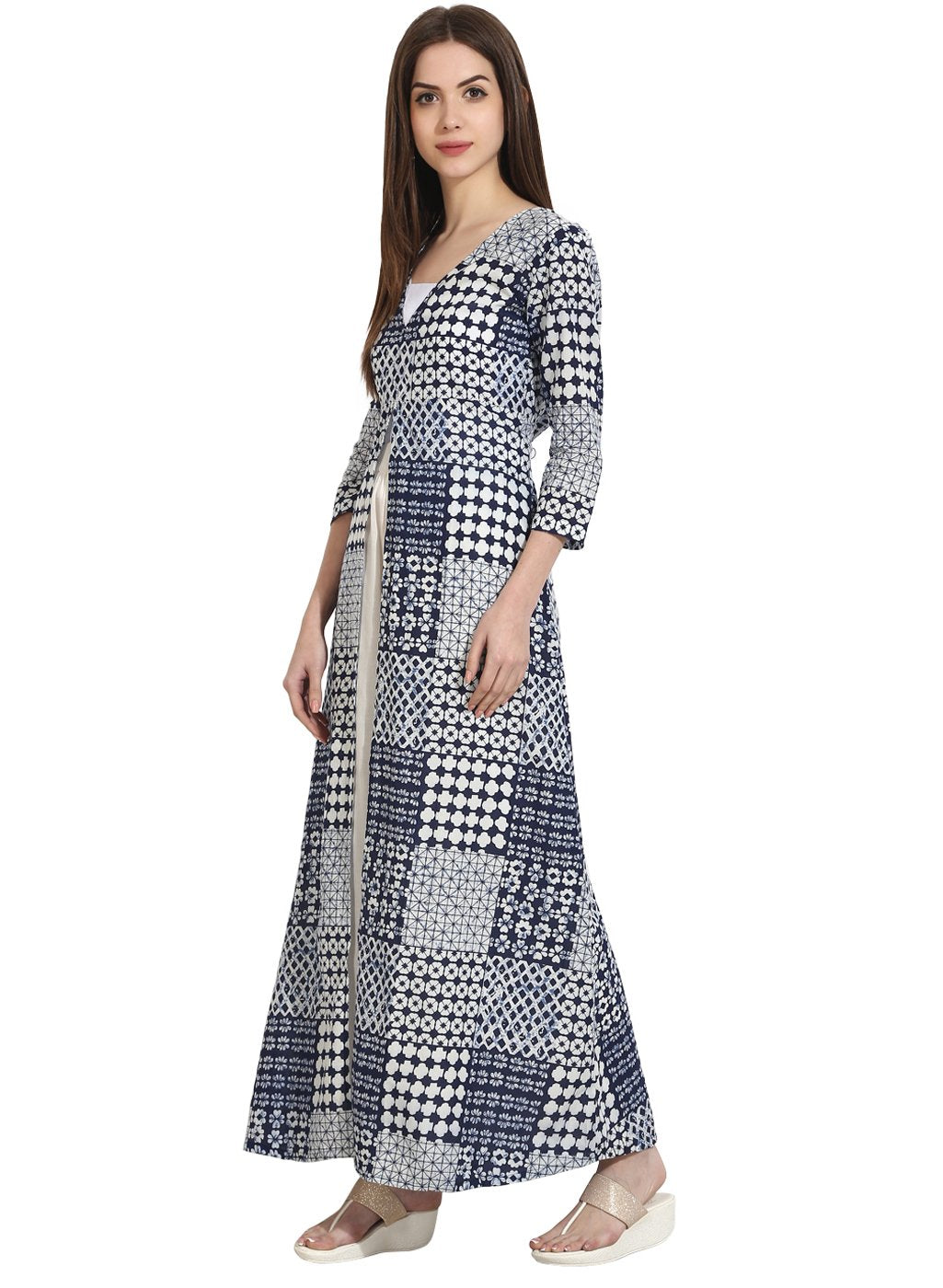 Blue Printed 3/4th Sleeve floor length open kurta | NOZ2TOZ - Made In INDIA.