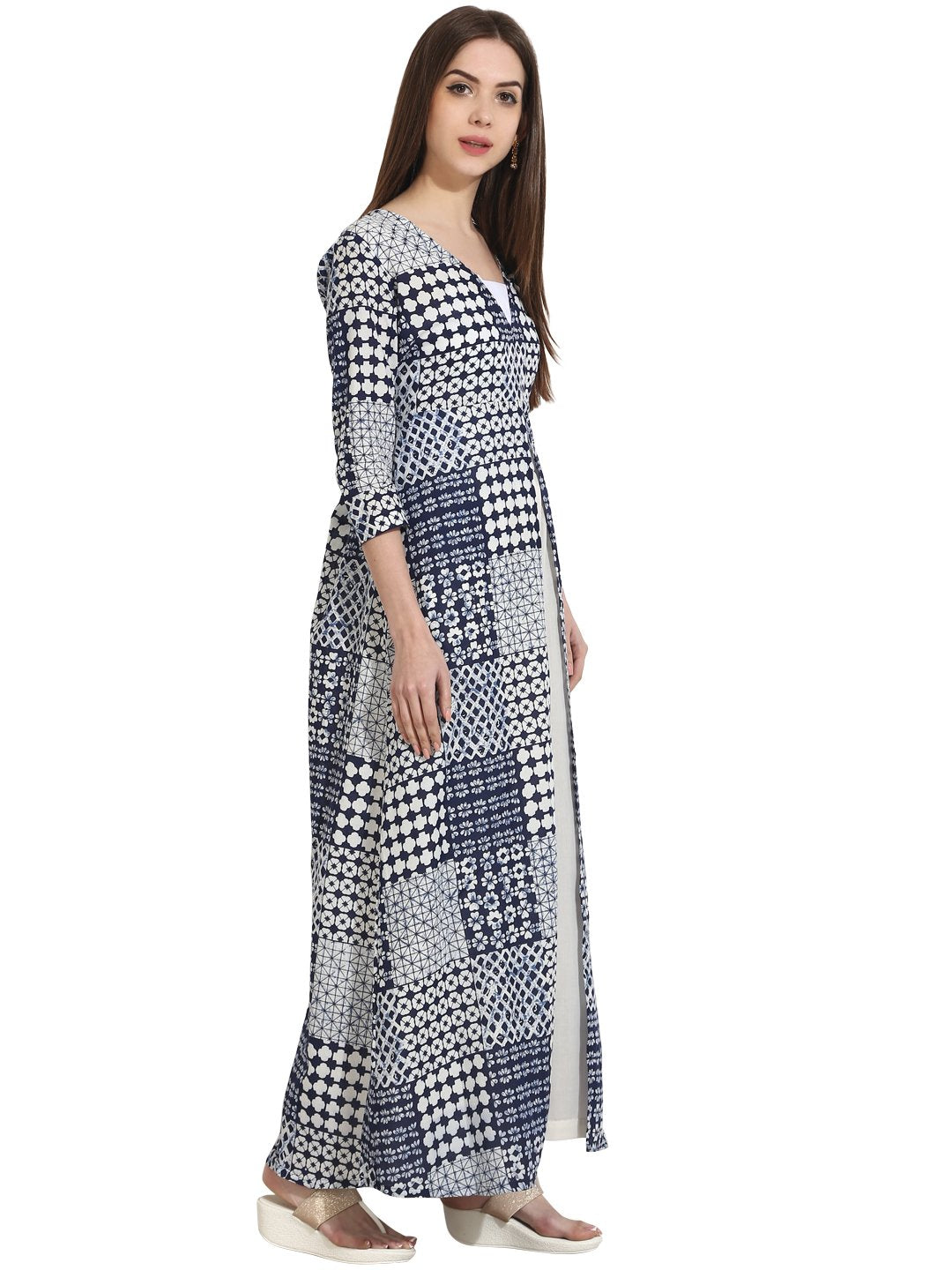 Blue Printed 3/4th Sleeve floor length open kurta | NOZ2TOZ - Made In INDIA.