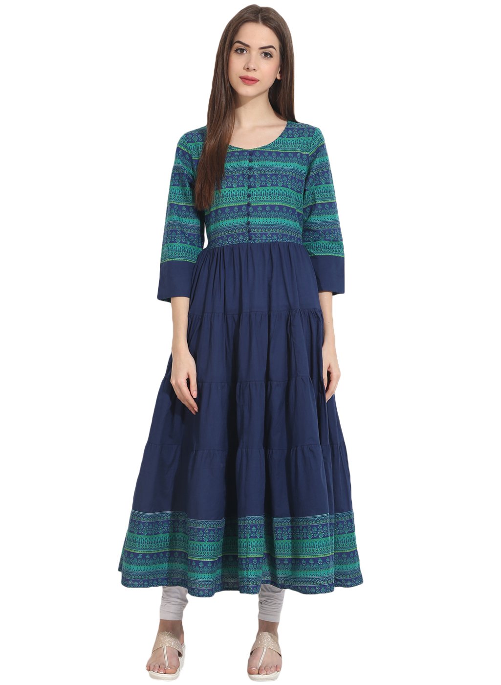 Blue 3/4th sleeve cotton tiered anarkali kurta | NOZ2TOZ - Made In INDIA.