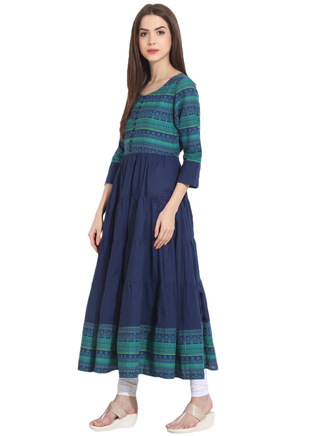 Blue 3/4th sleeve cotton tiered anarkali kurta | NOZ2TOZ - Made In INDIA.