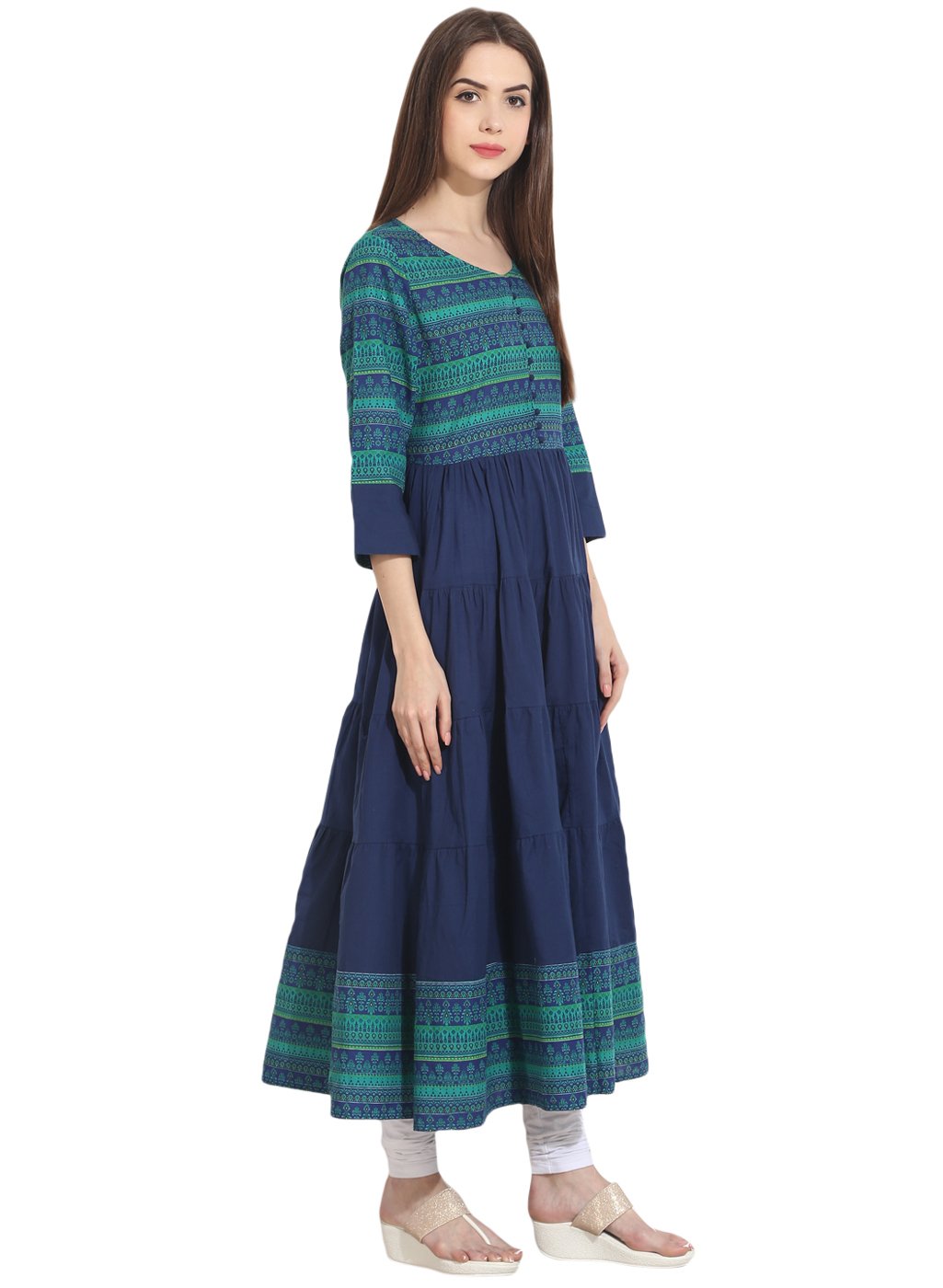 Blue 3/4th sleeve cotton tiered anarkali kurta | NOZ2TOZ - Made In INDIA.