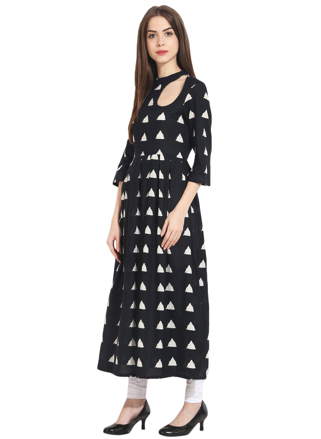 Black full printed 3/4th sleeve cotton anarkali kurta | NOZ2TOZ - Made In INDIA.