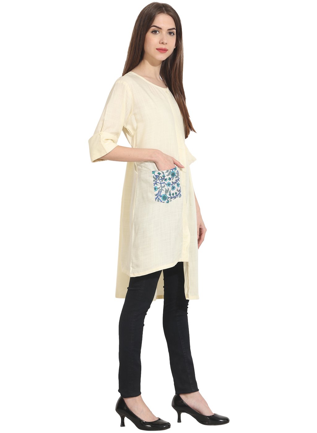 Cream 3/4th sleeve assymetical Georgette Kurta | NOZ2TOZ - Made In INDIA.