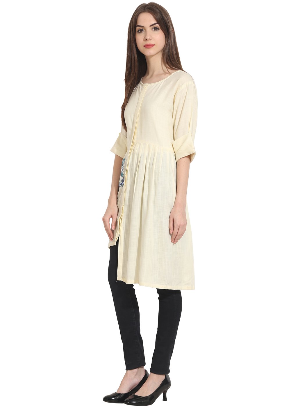 Cream 3/4th sleeve assymetical Georgette Kurta | NOZ2TOZ - Made In INDIA.