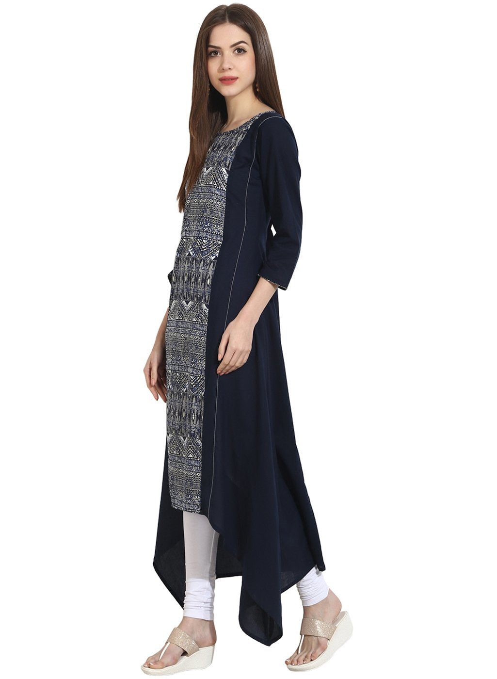 Blue 3/4th sleeve rayon assymetrical kurta | NOZ2TOZ - Made In INDIA.