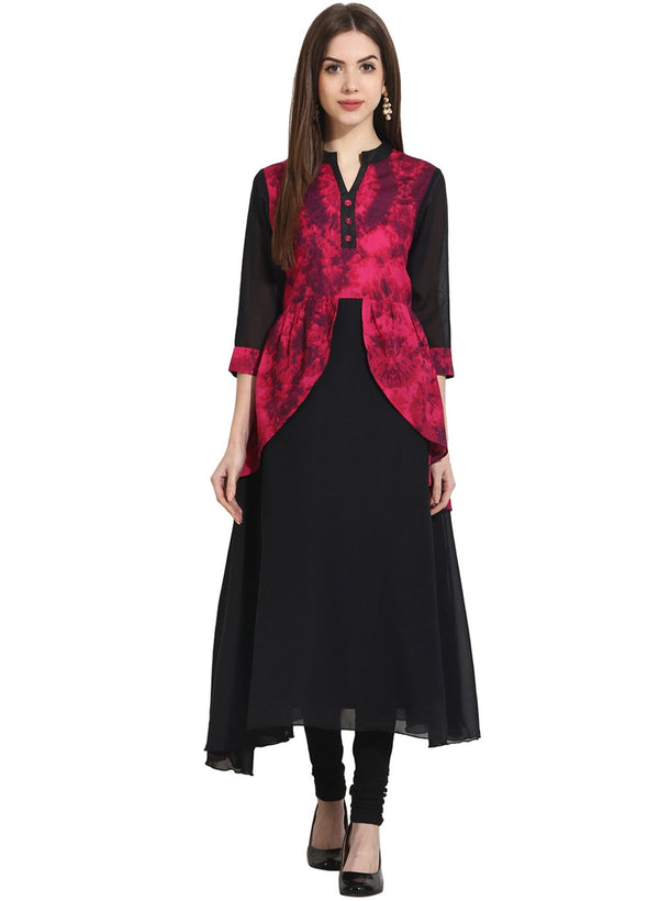 Black 3/4th sleeve georgette anarkali kurta with printed yoke | NOZ2TOZ - Made In INDIA.