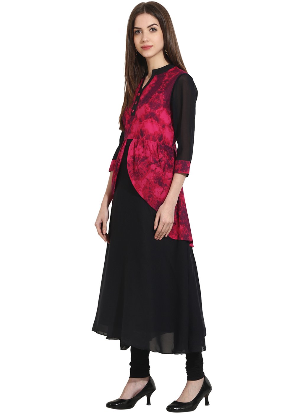 Black 3/4th sleeve georgette anarkali kurta with printed yoke | NOZ2TOZ - Made In INDIA.