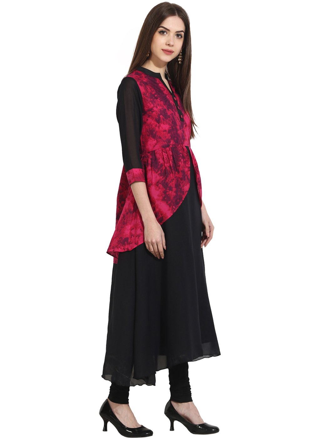 Black 3/4th sleeve georgette anarkali kurta with printed yoke | NOZ2TOZ - Made In INDIA.