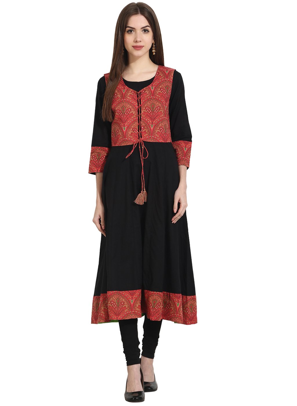 Black 3/4th sleeve anarkali kurta with printed Jacket | NOZ2TOZ - Made In INDIA.