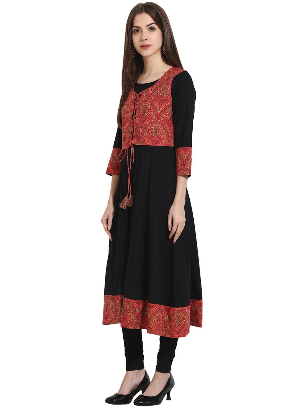 Black 3/4th sleeve anarkali kurta with printed Jacket | NOZ2TOZ - Made In INDIA.