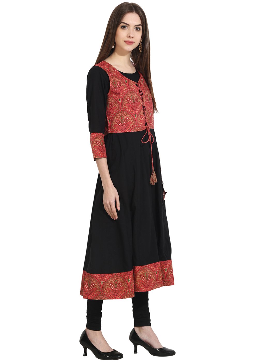 Black 3/4th sleeve anarkali kurta with printed Jacket | NOZ2TOZ - Made In INDIA.