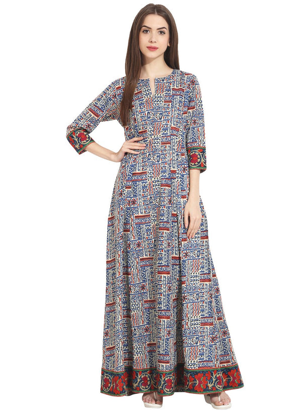 Women Printed Multi Three Quarter Sleeve Round Neck Cotton A-line Kurta | NOZ2TOZ - Made In INDIA.