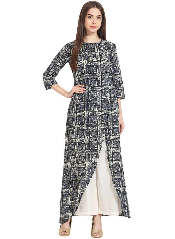 Women Blue printed 3/4th sleeve cotton assymetric kurta | NOZ2TOZ - Made In INDIA.