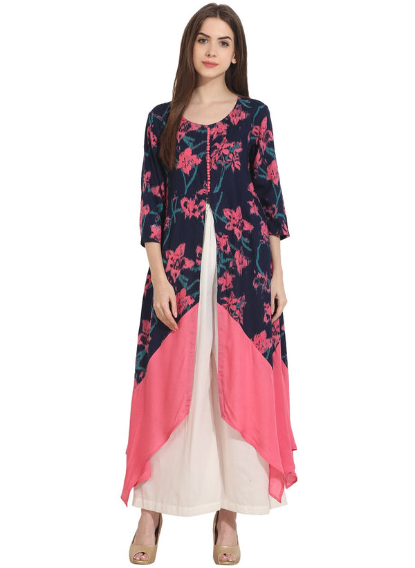 Multi printed 3/4th sleeve rayon front open assymetrical kurta | NOZ2TOZ - Made In INDIA.