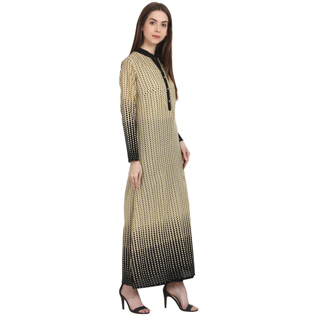 Beige & Black Printed full sleeve ankle length cotton Kurta | NOZ2TOZ - Made In INDIA.