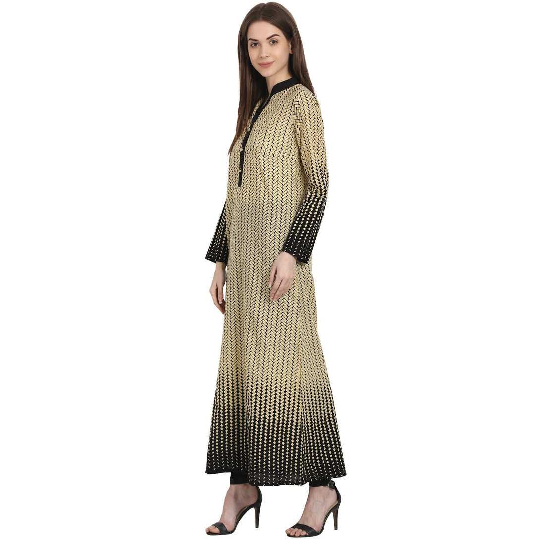 Beige & Black Printed full sleeve ankle length cotton Kurta | NOZ2TOZ - Made In INDIA.