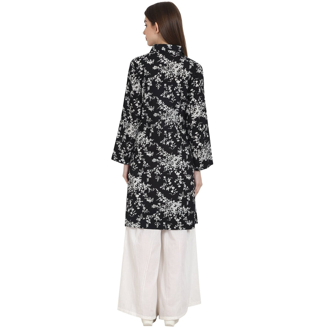 Black printed full sleeve front open cotton Tunics | NOZ2TOZ - Made In INDIA.