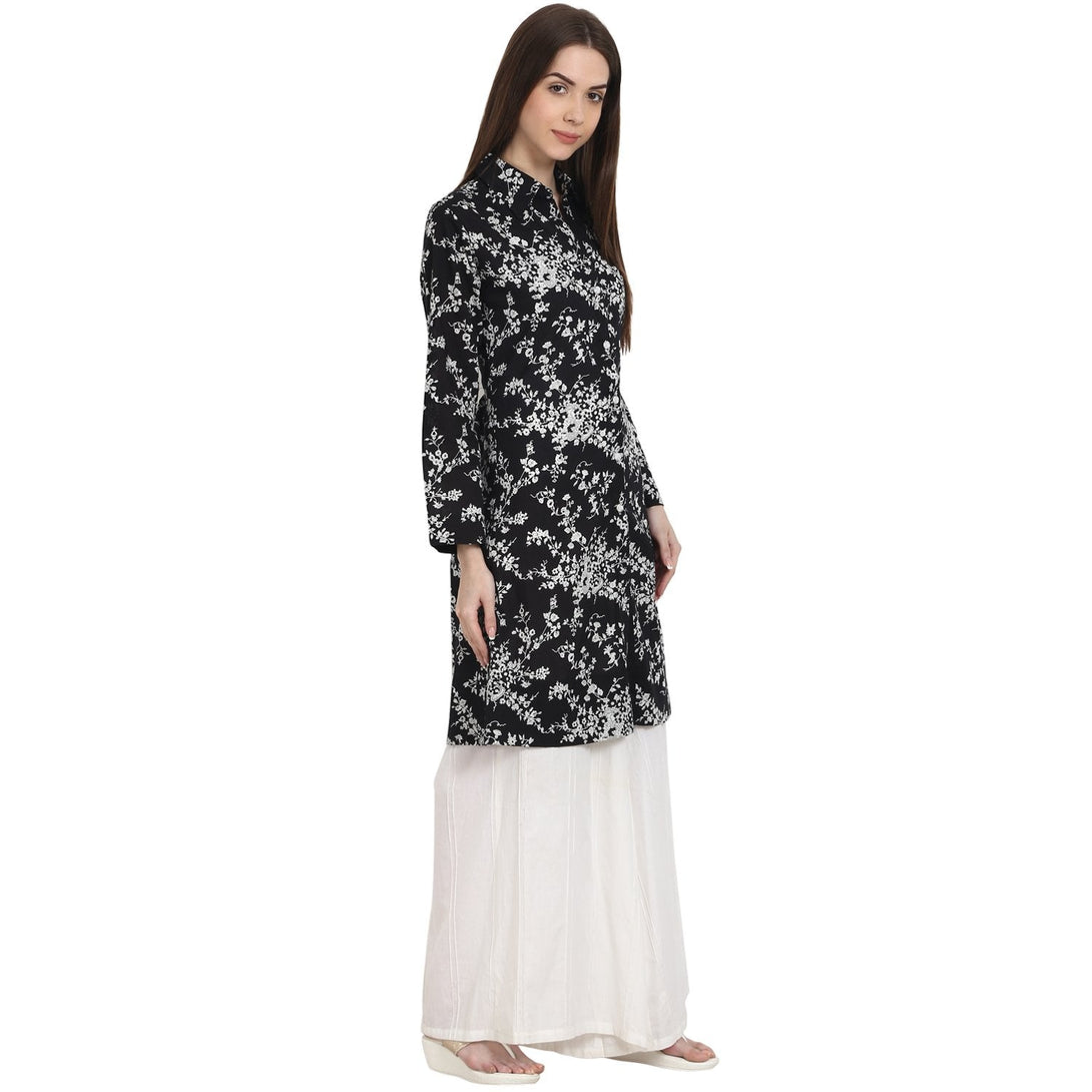 Black printed full sleeve front open cotton Tunics | NOZ2TOZ - Made In INDIA.