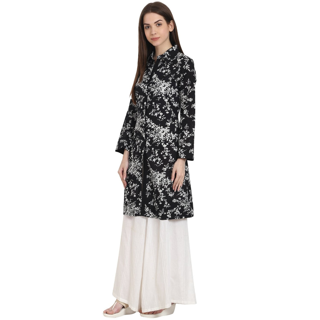 Black printed full sleeve front open cotton Tunics | NOZ2TOZ - Made In INDIA.