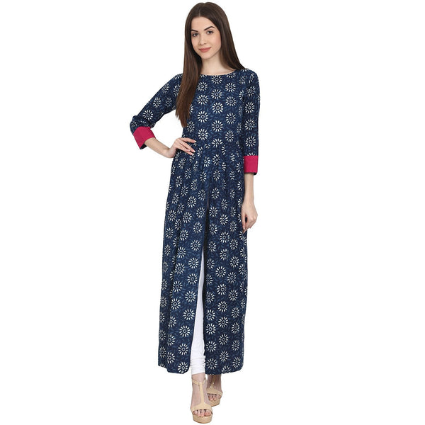 Women Printed Blue Three-Quarter Sleeves Round Neck Cotton A-Line Kurta | NOZ2TOZ - Made In INDIA.