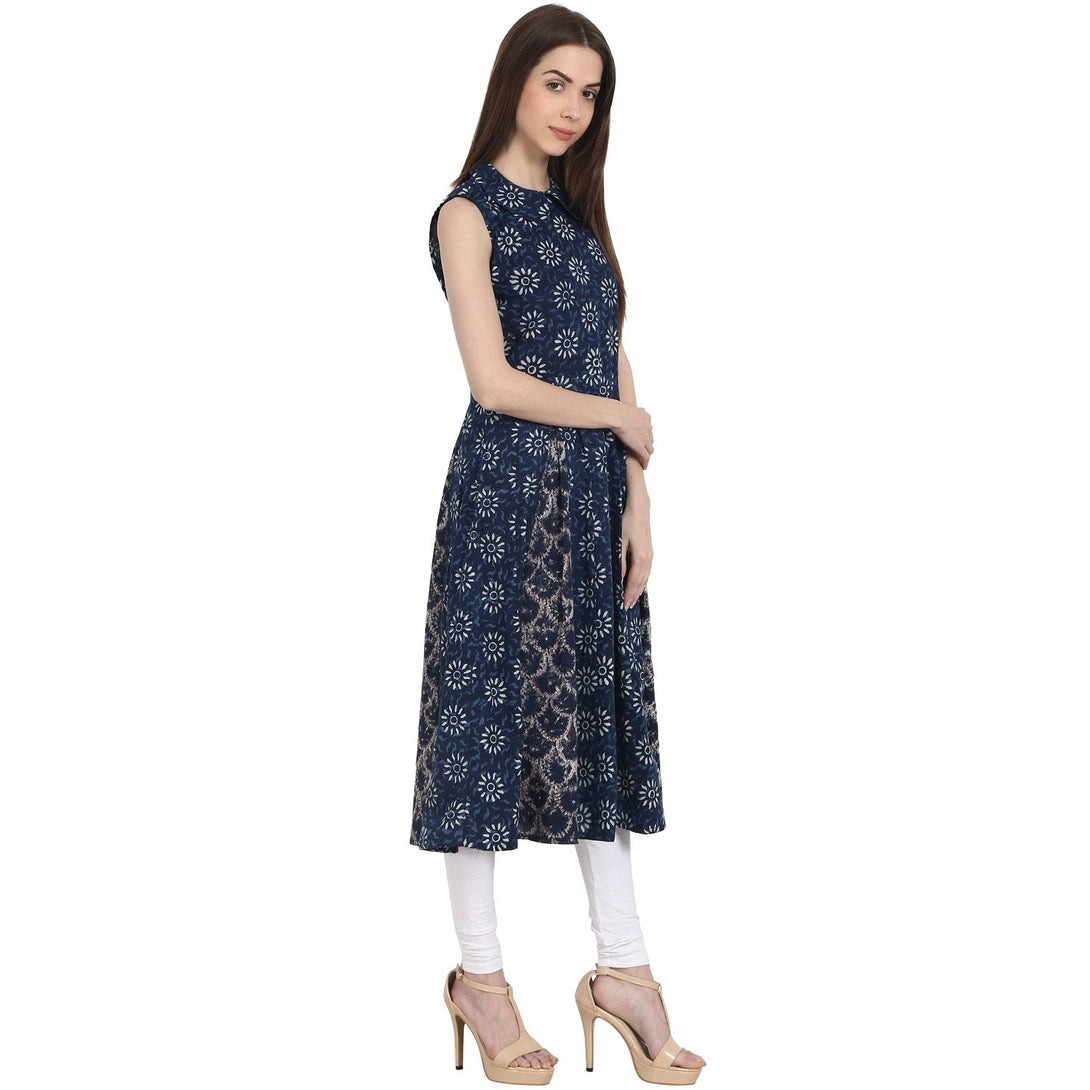 Blue printed sleevless A-line kurta | NOZ2TOZ - Made In INDIA.