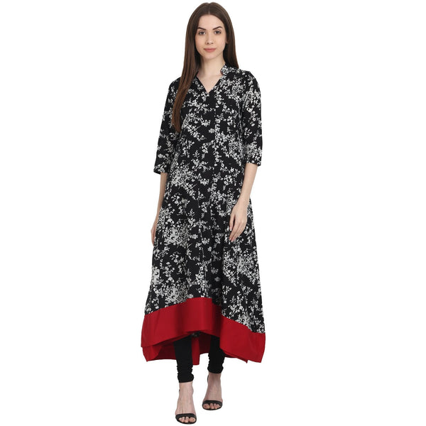 Black printed 3/4 sleeve Low high cotton anarkali Kurta | NOZ2TOZ - Made In INDIA.