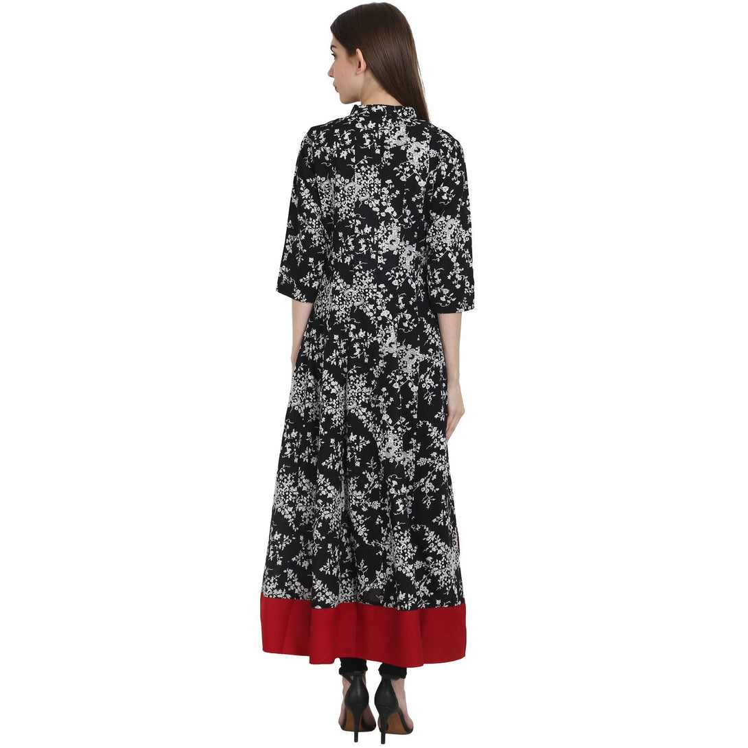 Black printed 3/4 sleeve Low high cotton anarkali Kurta | NOZ2TOZ - Made In INDIA.