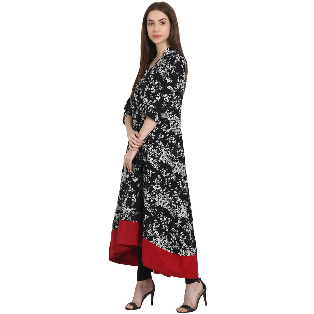 Black printed 3/4 sleeve Low high cotton anarkali Kurta | NOZ2TOZ - Made In INDIA.