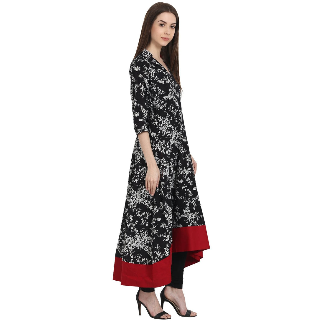 Black printed 3/4 sleeve Low high cotton anarkali Kurta | NOZ2TOZ - Made In INDIA.