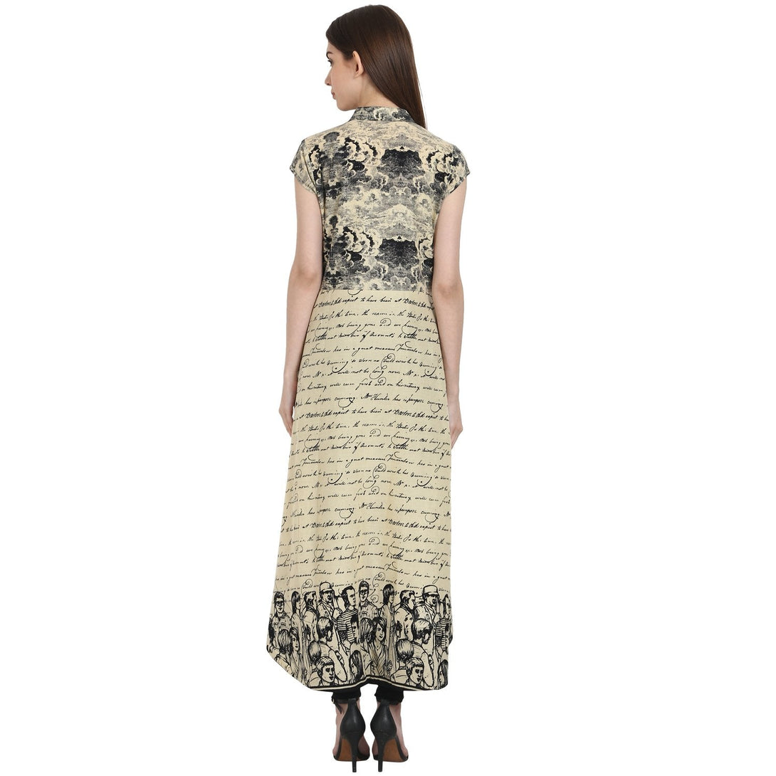 Beige printed cap sleeve low high kurta | NOZ2TOZ - Made In INDIA.