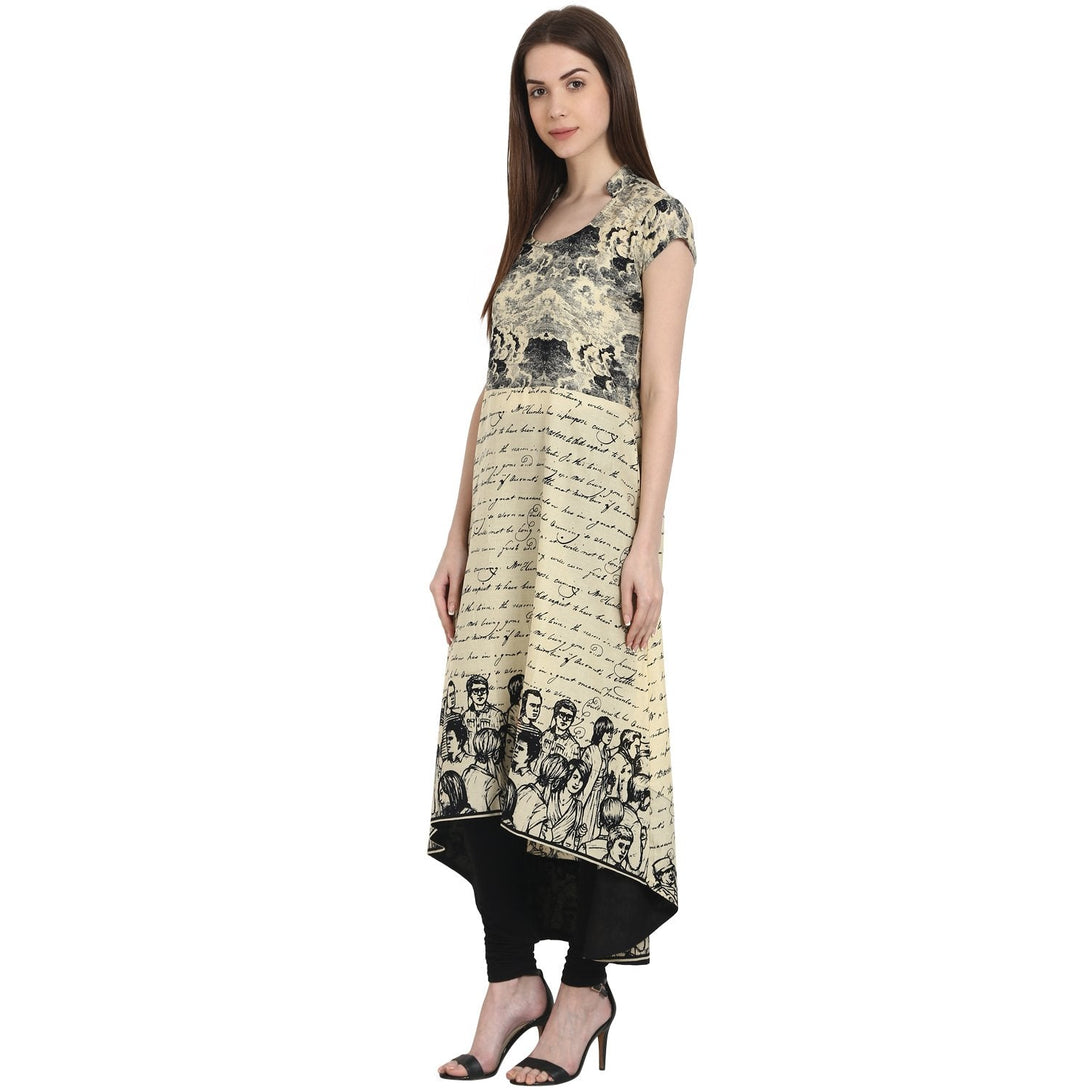 Beige printed cap sleeve low high kurta | NOZ2TOZ - Made In INDIA.